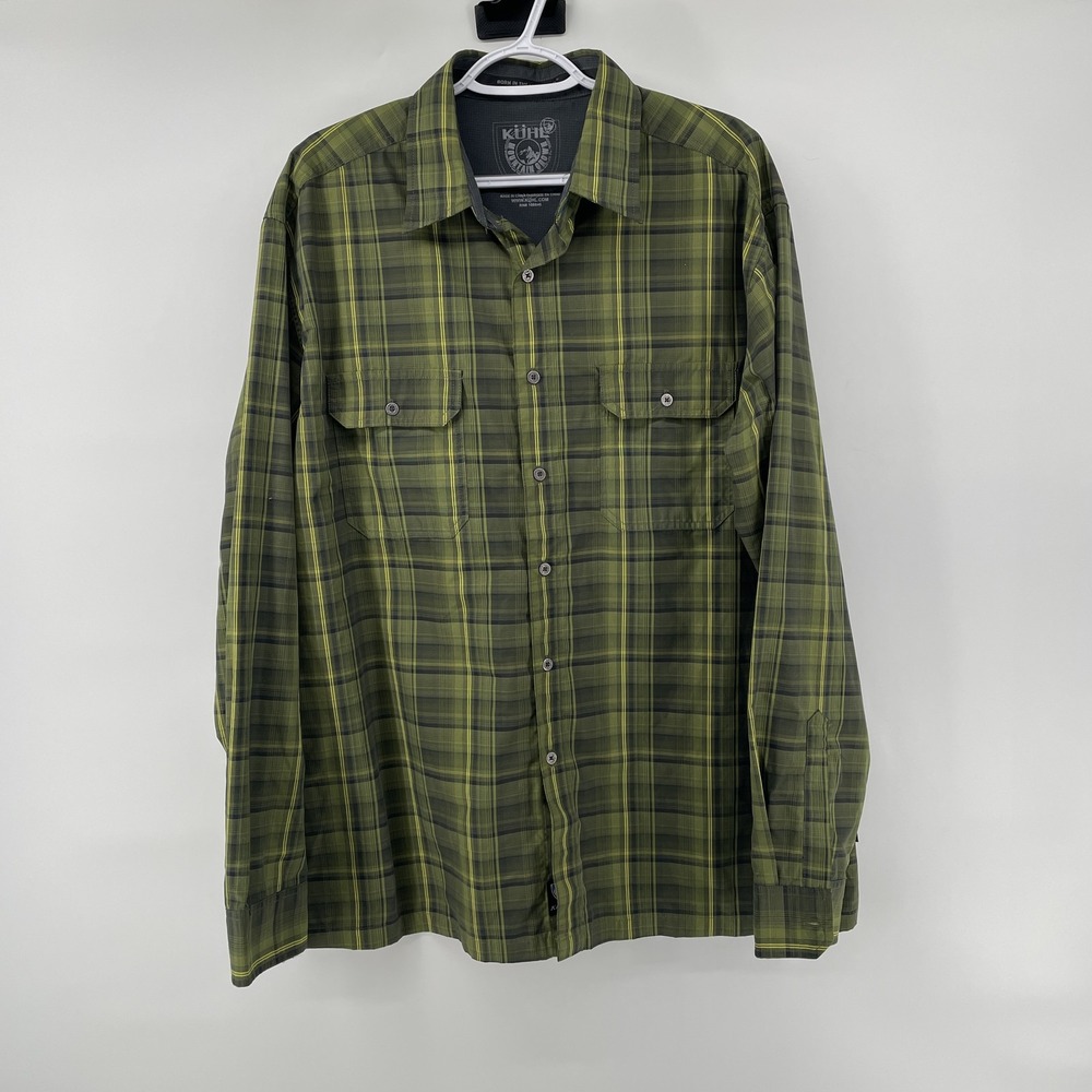 Kuhl Eluxur Mens XL Olive Green Plaid Long Sleeve Button Down Shirt Ionik